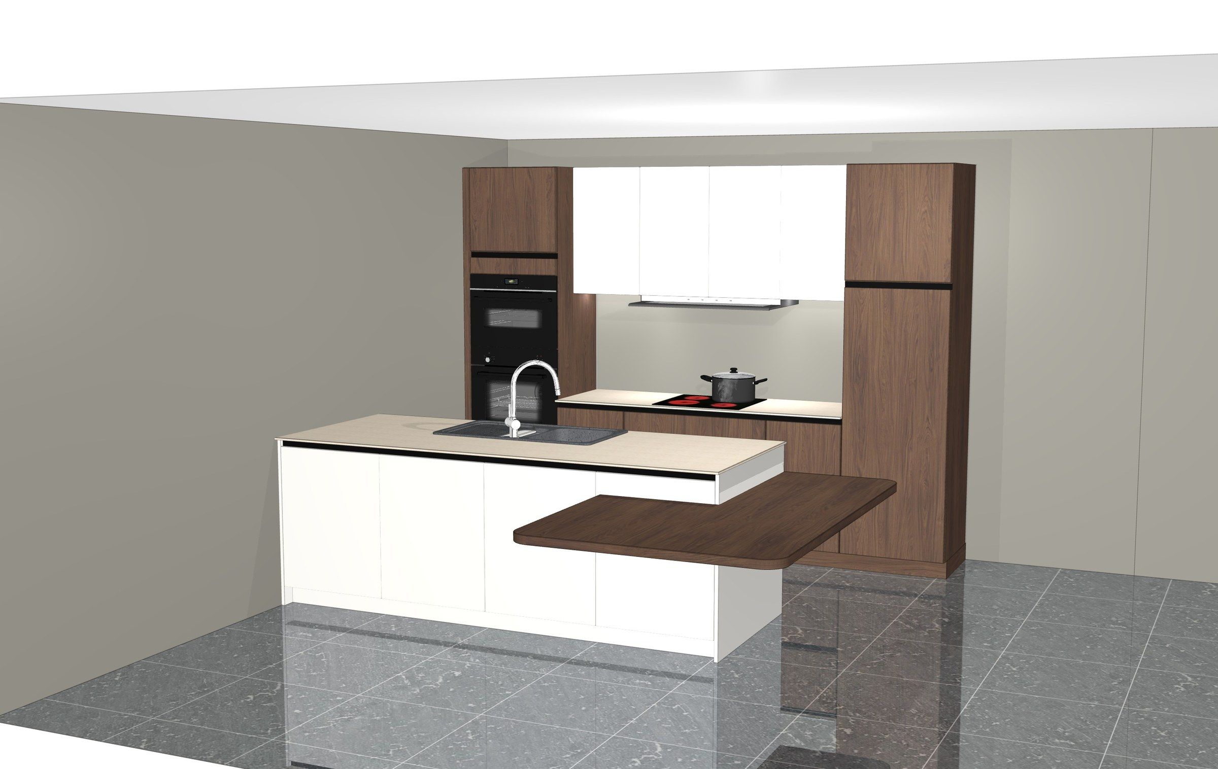 3D-tekening van een keuken in notelaar en wit: kolomkasten met twee ovens, een wit eiland en een tafel in notelaar