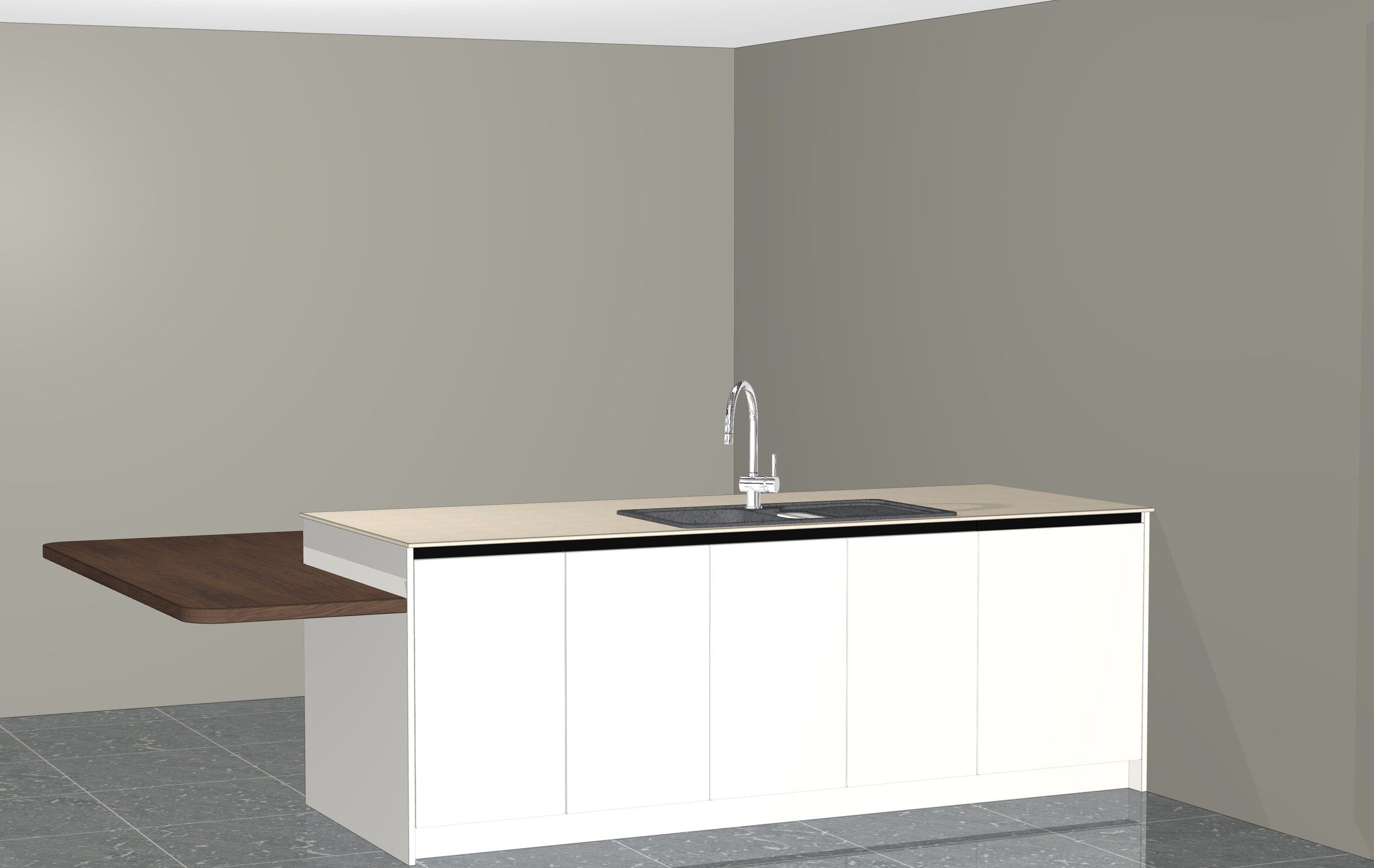 Zicht op het witte eiland met de spoelbak en de tafel in notelaar, vanaf de kastenwand